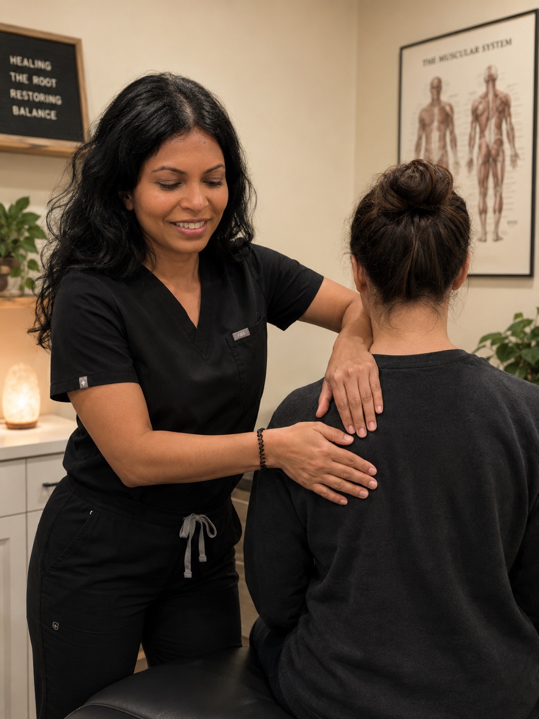 Dr. Nelly Singh, DO palpating a patient's back to assess tissue texture and somatic dysfunction